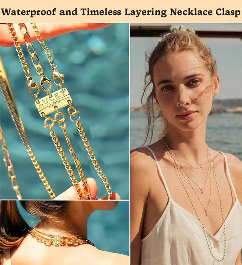 Layering Necklace Clasp That Keeps Your Chains From Tangling, Magnetic Connector in 18K Gold and Silver Tone, shown in use