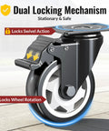 Beefy 4 Inch Heavy Duty Caster Wheels Set Of Eight with dual locking mechanism for secure swivel and wheel rotation.