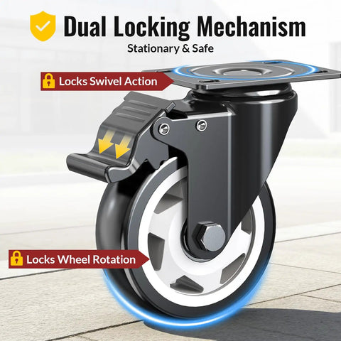 Beefy 4 Inch Heavy Duty Caster Wheels Set Of Eight with dual locking mechanism for secure swivel and wheel rotation.