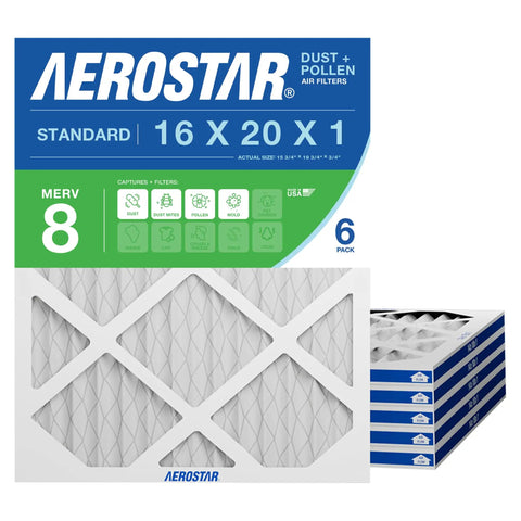 Front view of 16X20X1 MERV 8 Air Filter Six Pack packaging showing size 19.75 x 15.75 x 0.75 In, captures dust and pollen, made in USA.