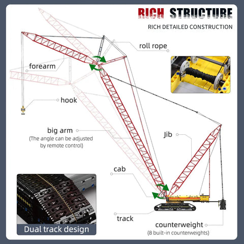 Realistic Crawler Crane Building Block Kit With Motors For Adults, Heavy Duty Engineering Set, diagram with labeled parts.