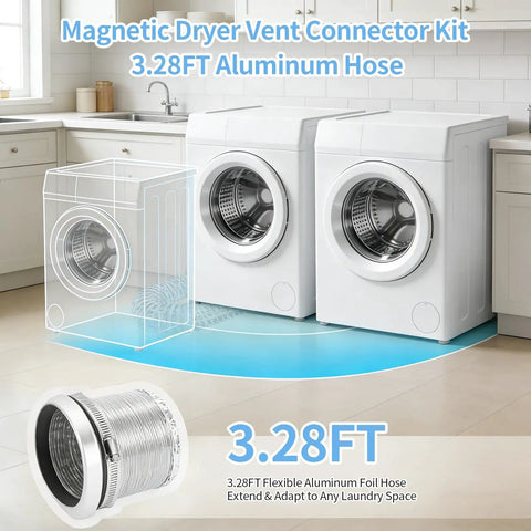 Image of 4 Inch Magnetic Dryer Vent Connector Kit With Flexible Hose And Strong Magnetic Seal For Quick Connect shown with laundry dryers.
