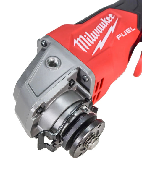 Close-up of 18V Cordless Angle Grinder With 4.5 Inch And 5 Inch Grinding Wheels Variable Speed Five Settings Fast Brake Stops In Two Seconds Tool Only For DIY Pros And Heavy Duty Projects, showing disc mount.