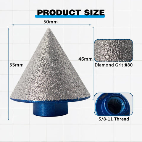 3 Pcs 2 Inch Diamond Beveling Chamfer Bits With 5/8-11 Thread Adapter, cone shape, diamond grit #80, size dimensions shown.