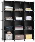 12 Cube Storage Organizer Closet System For Home And Kids Room Portable Clothes Shelves with folded clothes in black