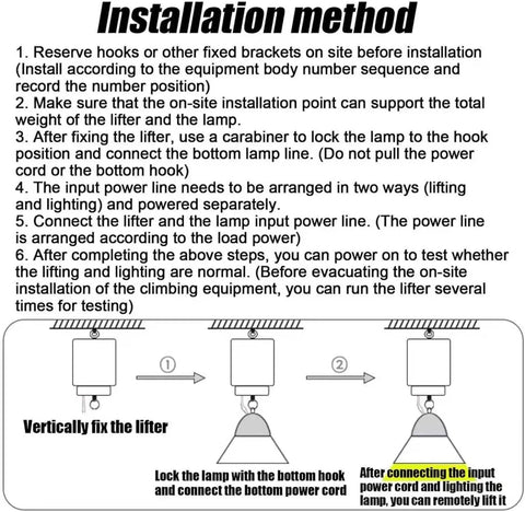 Installation guide for motorized chandelier hoist lifter showing steps on connecting and testing the device.