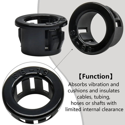 Close-up of 50 Pack Black Snap In Cable Bushing Protectors SB 13 For Three Eighths Inch Cables Nylon Grommet With 1/2 Inch Mounting Diameter