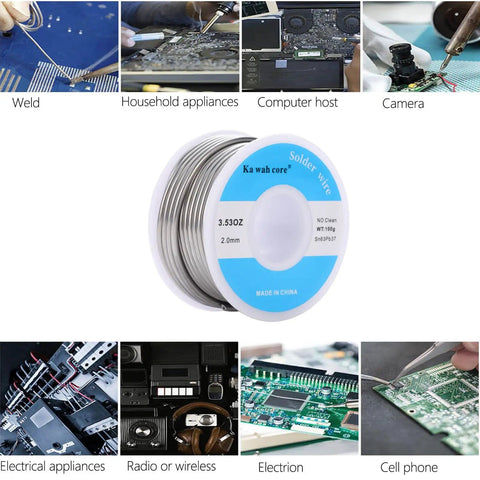 2.0mm Rosin Core Solder Wire 63/37 Alloy, 100G Roll For Electronics Soldering And Repair with Easy Flow Flux, shown in use on PCBs