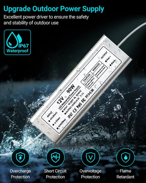 IP67 waterproof power supply in aluminum housing for Custom Outdoor Neon Sign Waterproof LED Light Up Sign For Backyard Patio Pool Garden Wedding And Party Use Personalize Your Text With IP67 Power Supply For Rain Or Shine, shown in water to demonstrate waterproof capabilities.