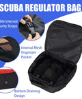 Open scuba regulator bag with full padding, double lockable zippers, adjustable shoulder strap, mesh organizer, dive flag pattern.
