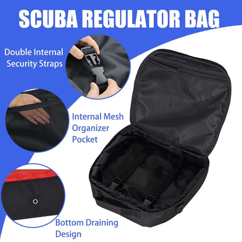 Open scuba regulator bag with full padding, double lockable zippers, adjustable shoulder strap, mesh organizer, dive flag pattern.