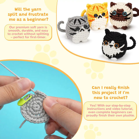Beginner Crochet Kit for Adults With Amigurumi Projects and Step By Step Video Tutorials, showing hands crocheting cat figures.