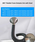 Rock Solid Adjustable Fume Extractor Arm With Removable Stainless Steel Hood For Welding Smoke Absorption And Soldering Shop Dust Cleanup No Sweat Industrial Grade Design Up To Two Meters Long showing flexible black hose and stainless steel hood.