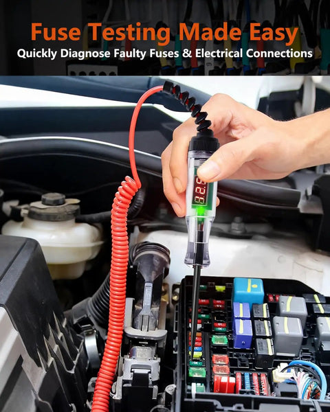 3-48V Automotive Test Light With Digital LED Voltage Tester Polarity Indicator 87 Inch Spring Cable And Stainless Steel Probe For Car RV Truck Fuse Battery Detection Easy Plug And Play Electrical Diagnostics in engine fuse box