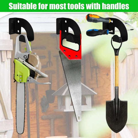 Heavy Duty Iron Power Tool Hanger Wall Mount with tools displayed in garage setting