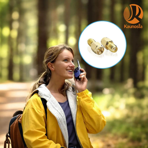 Woman in yellow jacket using radio with insert of SMA Male To SMA Female FPV Antenna Adapter 2 Pack Coaxial Cable Connector Low Loss 50 Ohm.