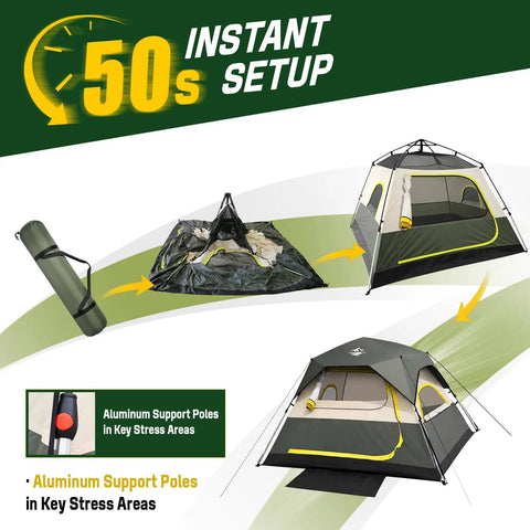 4 Person Camping Tent With Instant Setup In About 50 Seconds, Rainfly And Windproof Design, Easy Pop Up process shown in steps