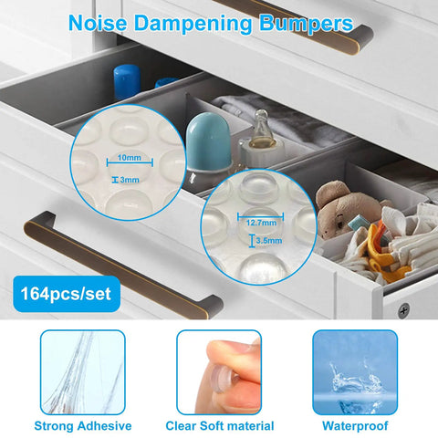 164Pcs Clear Self Adhesive Bumpers Set displayed in a drawer with hemispherical and cylindrical bumpers shown in detail