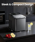 Countertop nugget ice maker, stainless steel with clear ice bin.