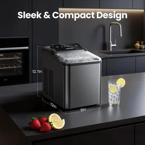 Countertop nugget ice maker, stainless steel with clear ice bin.