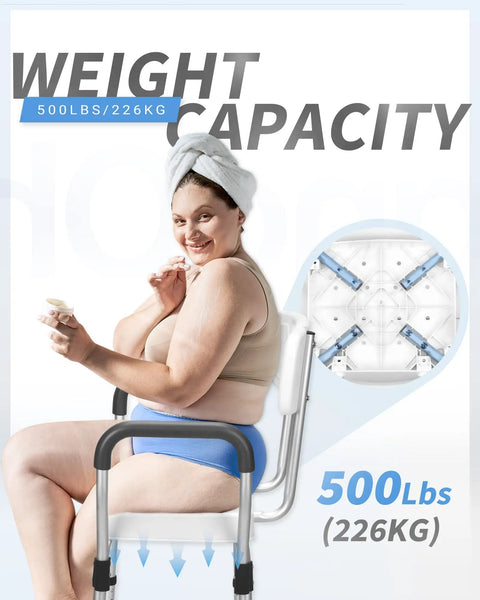 Heavy Duty Shower Chair With Back And Arms, Aluminum Frame, supports up to 500 lbs, woman sitting on safe bathtub seat.