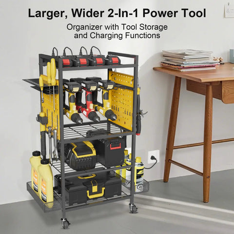 All In One Power Tool Organizer Cart With Charging Station On Wheels Heavy Duty Garage Tool Storage With 8 Outlet Power Strip 2 Hanging Baskets 8 Hooks Drill Bit Holder Battery Storage Yellow in workshop setting.