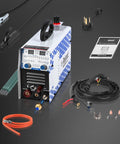 Beast 130 Amp Plasma Cutter And Welder Combo With Dual Voltage 120V 240V in a garage kit with accessories visible