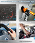 Graphic showing symptoms of a bad engine VVT solenoid: check engine light, decreased fuel efficiency, poor acceleration, rough idling