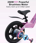Electric Balance Bike For Kids With 14 Inch Tires Pink Ages 3 To 7 Kid Friendly Three Speed Modes Up To Nine MPH Lightweight 16.5 Lbs Frame Nine Mile Range Light Up Front Tire Adjustable Seat Safe Magnesium Alloy Build rear wheel and seat detail