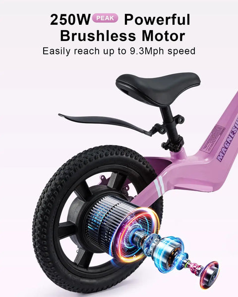 Electric Balance Bike For Kids With 14 Inch Tires Pink Ages 3 To 7 Kid Friendly Three Speed Modes Up To Nine MPH Lightweight 16.5 Lbs Frame Nine Mile Range Light Up Front Tire Adjustable Seat Safe Magnesium Alloy Build rear wheel and seat detail