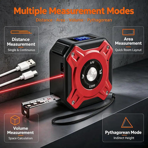 Laser Tape Measure 2-in-1,131ft/40m Laser Distance Meter&16ft/5m Tape Measure,USB-C Rechargeable,Backlit LCD,Area/Vol/Pythagorean-Red with display.