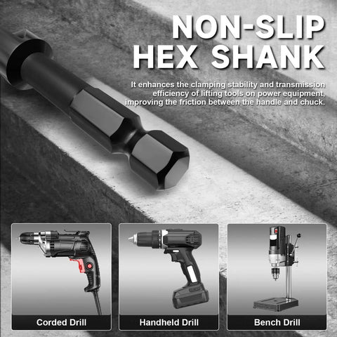 Wood auger drill bit with non-slip hex shank, 12-inch length, quick-change 1/4-inch hex, tri-flute design for fast chip removal