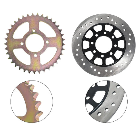 Close-up of 530 37T chain sprocket and brake disc from 44 Inch Go Kart Rear Axle Shaft Kit Beefed Up with Pillow Block Bearings.