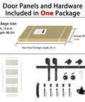 Package contents for 36X84 White Tempered Glass Sliding Barn Door With Complete Hardware Kit, showcasing door panels and hardware.