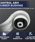Close-up of wax-infused rubber control arm bushing with force indicators for the Front Lower Control Arm Suspension Kit 2012-2016.