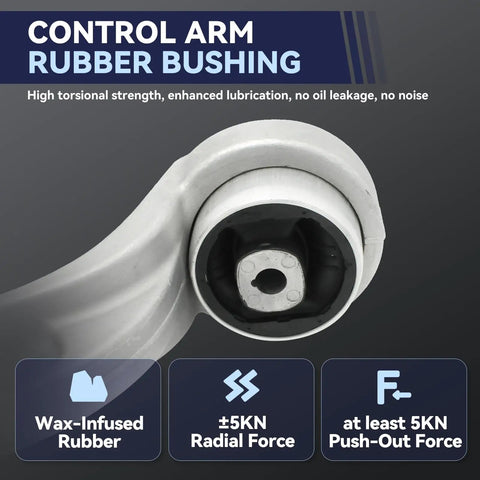 Close-up of wax-infused rubber control arm bushing with force indicators for the Front Lower Control Arm Suspension Kit 2012-2016.