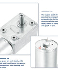Close-up of Two Pack DC 12V 2 RPM Reversible Worm Gear Motor Reducer with 6mm D shape shaft, showcasing metal gearbox design.