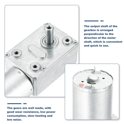 Close-up of 12V DC Worm Gear Motor Reducer with 6 RPM reversible drive and beefy high torque gear box with 6mm D shaft