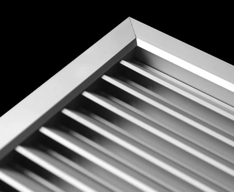 Close-up of Aluminum Privacy HVAC Air Grille 24 By 24 With V Shaped Louvers Blocks 100 Percent View While Still Allowing Air Flow