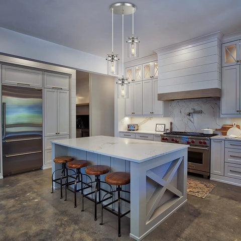 Three Light Glass Pendant Light With Brushed Nickel Finish And Clear Glass Shades Adjustable Cord Cool Farmhouse Ceiling Fixture over kitchen island