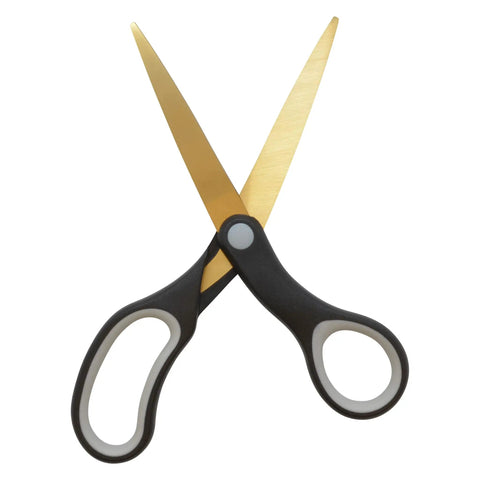 8 Inch Titanium Bonded Scissors Tough As Nails Heavy Duty For Office And Home Set Black And Gold Two Pack Cut Tape Fasteners And Everyday Projects With Comfortable Ergonomic Handles, black and gold scissors on white background