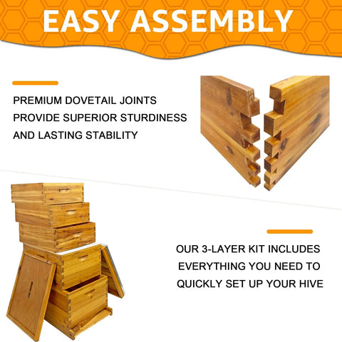 Five-Layer Langstroth Beehive Kit Plug-N-Play With Two Deep Breeding Boxes And Three Medium Super Boxes showing dovetail joints and assembly