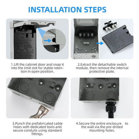 Installation steps for Heavy Duty Outdoor AC Disconnect Switch 30 Amp Pull Out Breaker For 120 240VAC Systems With UL Listing.