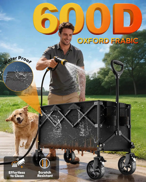 Man washing the Beastly 200L Collapsible Wagon Cart With Big All Terrain Wheels Brakes And Adjustable Handle in garden