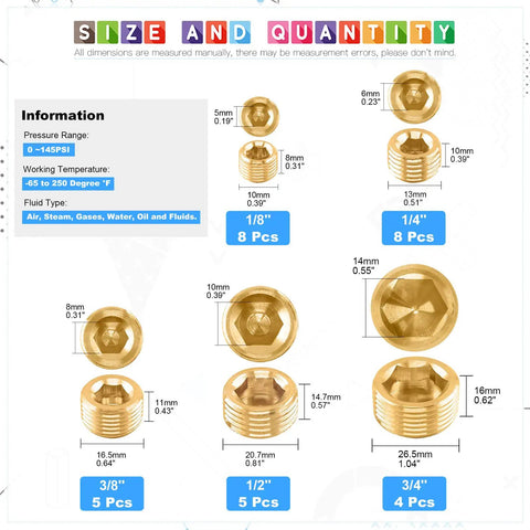 Brass Pipe Plug Fitting Set, 30 Pieces, NPT Male Plugs In One Eighth Inch to Three Quarters Inch with Hex Thread, Size Chart