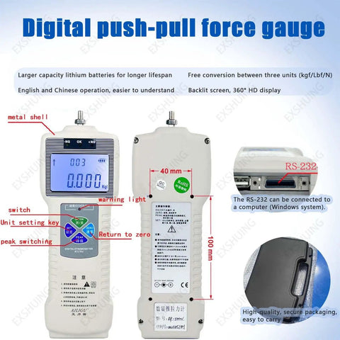 Horizontal Digital Push Pull Meter For Tensile And Compression Testing With Wheel Driven Manual Push Pull Test Stand Pro Grade Test Bench And Digital Force Gauge 10 To 2000 N Includes Ruler And 100 N Capacity, front view