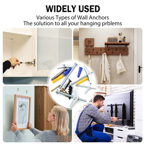 Image showing drywall anchors and screws kit 165pcs with heavy duty toggle bolts, used for hanging shelves and art on various walls.