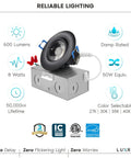 3 Inch Gimbal LED Recessed Light With Junction Box, 5CCT Tunable 2700K-5000K, Dimmable Eyeball Swivel, 600 Lumens, 8W, IC Damp Rated, ETL, Black, 4 Pack shown with features.