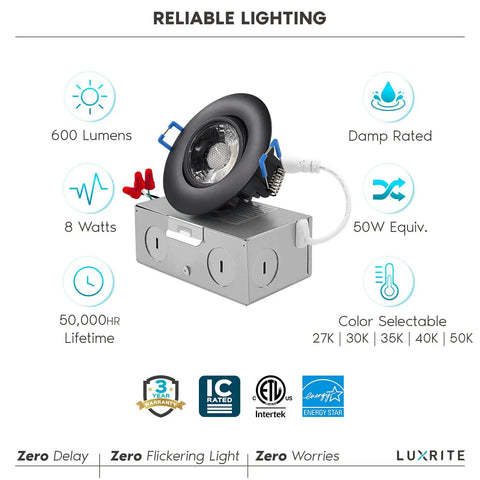 3 Inch Gimbal LED Recessed Light With Junction Box, 5CCT Tunable 2700K-5000K, Dimmable Eyeball Swivel, 600 Lumens, 8W, IC Damp Rated, ETL, Black, 4 Pack shown with features.