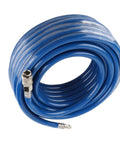 Rock Solid Heavy Duty 15 Meter Reinforce PVC Air Hose With Euro Quick Connect Coupler, coiled blue hose with metal connector.